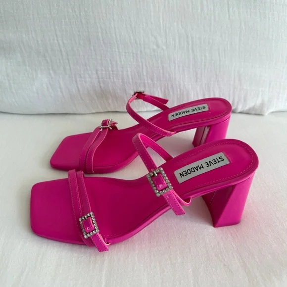 Steve Madden Hot Pink Strappy Block Heel Sandals w/ Rhinestone Buckles - Picture 2 of 6